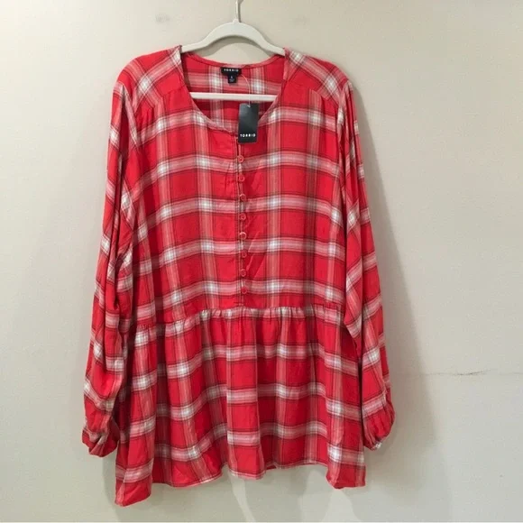 Torrid Women Plus 4X Soft Flannel Plaid Tunic Top Orange Button Long Sleeve New - Picture 2 of 8